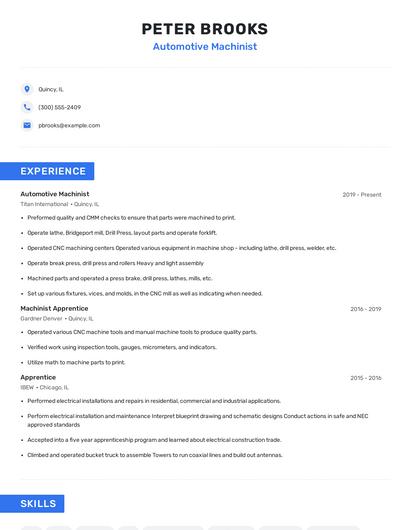 Automotive Machinist Resume