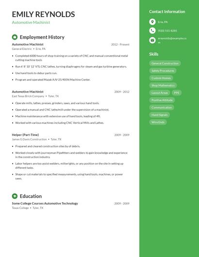 Automotive Machinist Resume