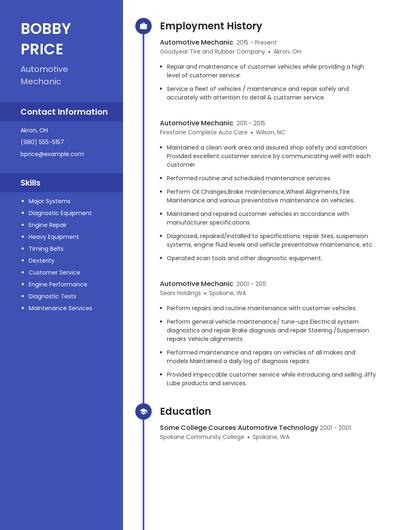 Automotive Mechanic Resume