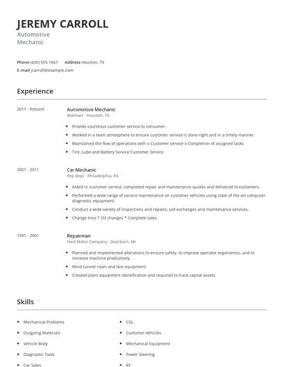 Automotive Mechanic Resume