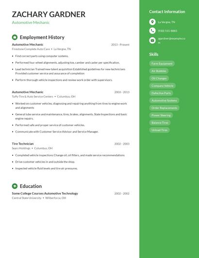 Automotive Mechanic Resume