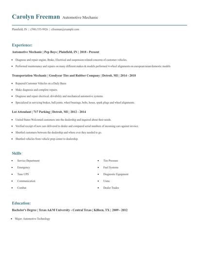 Automotive Mechanic Resume