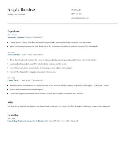 Automotive Mechanic Resume