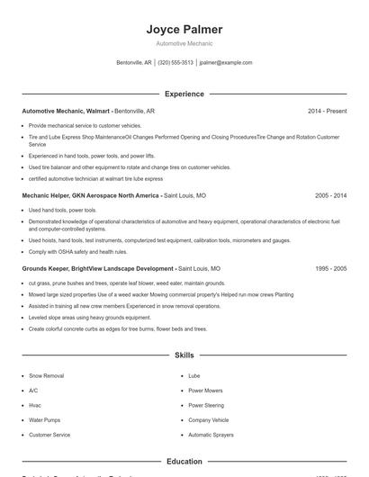 Automotive Mechanic Resume