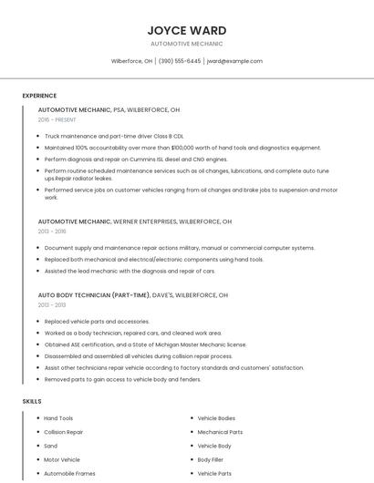 Automotive Mechanic Resume