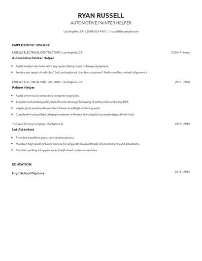 Automotive Painter Helper Resume