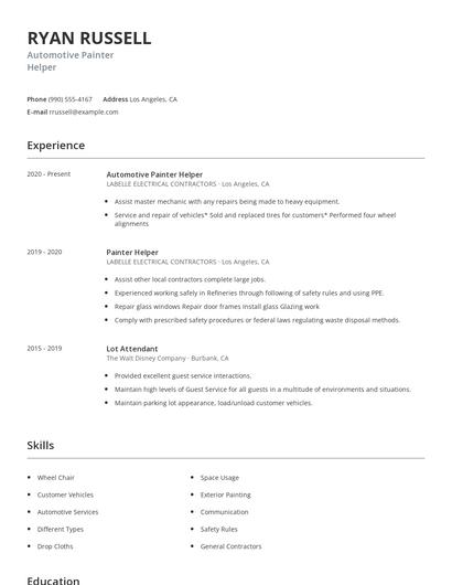 Automotive Painter Helper Resume