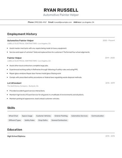 Automotive Painter Helper Resume