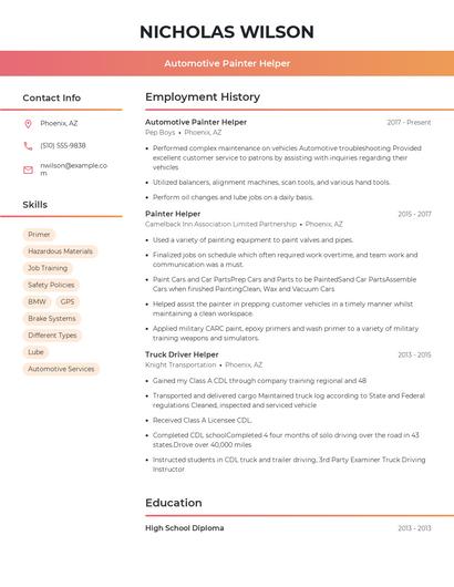 Automotive Painter Helper Resume