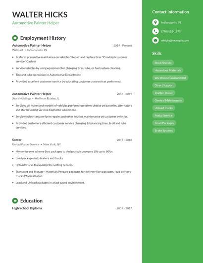 Automotive Painter Helper Resume