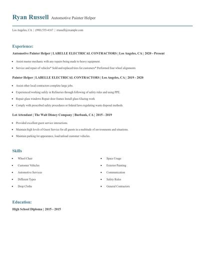 Automotive Painter Helper Resume