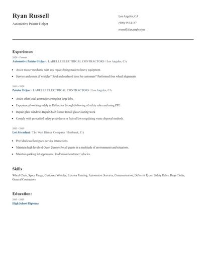 Automotive Painter Helper Resume