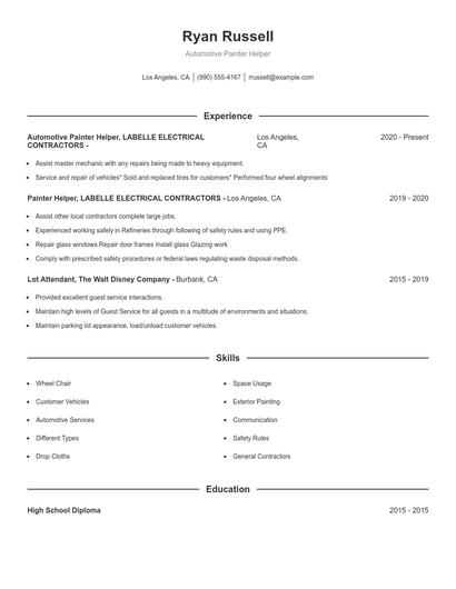 Automotive Painter Helper Resume