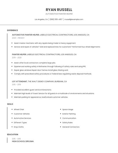Automotive Painter Helper Resume