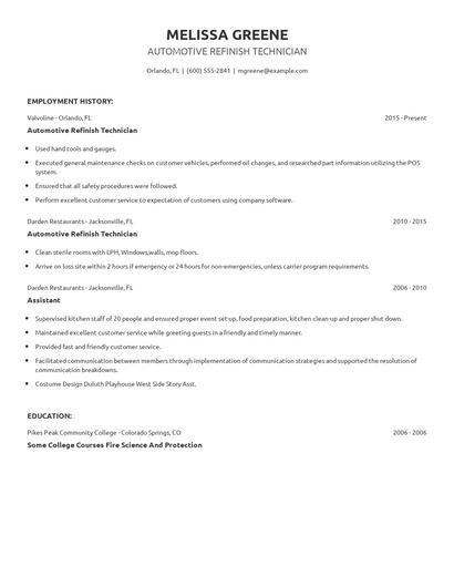 Automotive Refinish Technician Resume