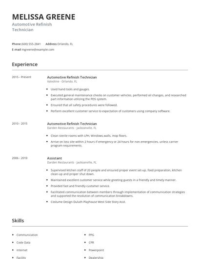 Automotive Refinish Technician Resume