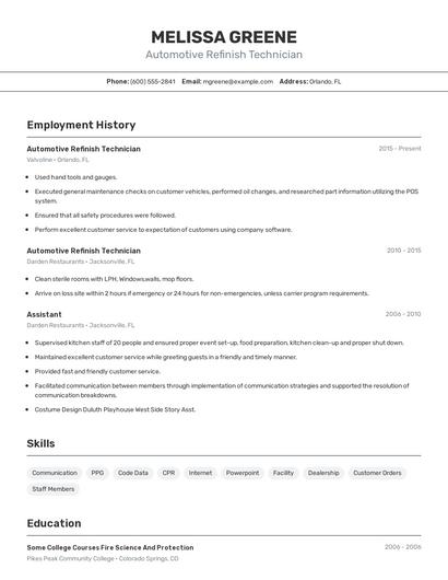 Automotive Refinish Technician Resume