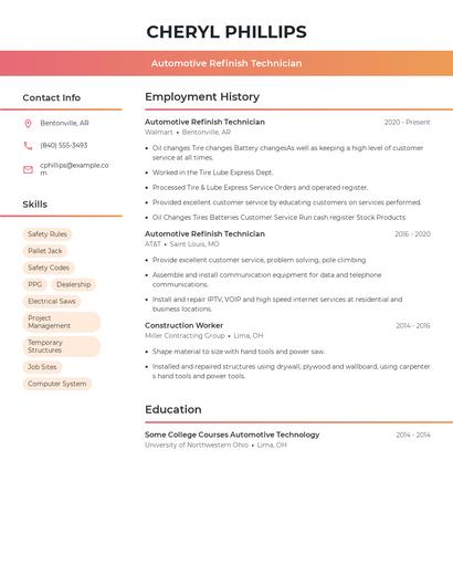 Automotive Refinish Technician Resume