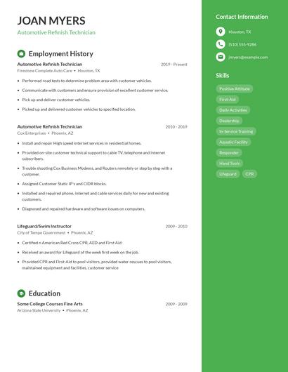 Automotive Refinish Technician Resume
