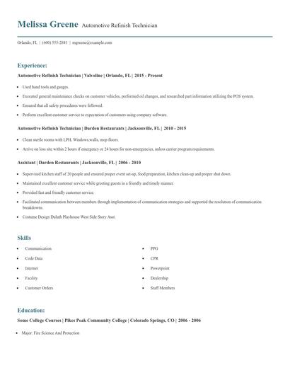 Automotive Refinish Technician Resume