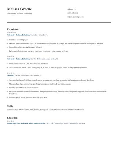 Automotive Refinish Technician Resume