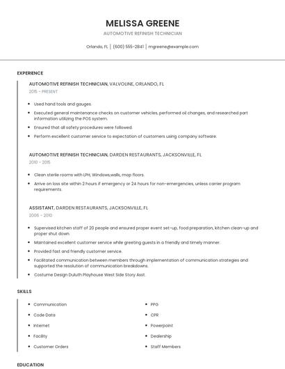 Automotive Refinish Technician Resume