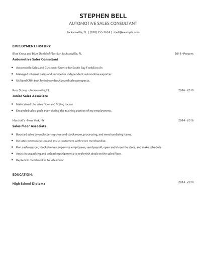 Automotive Sales Consultant Resume