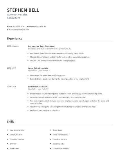 Automotive Sales Consultant Resume