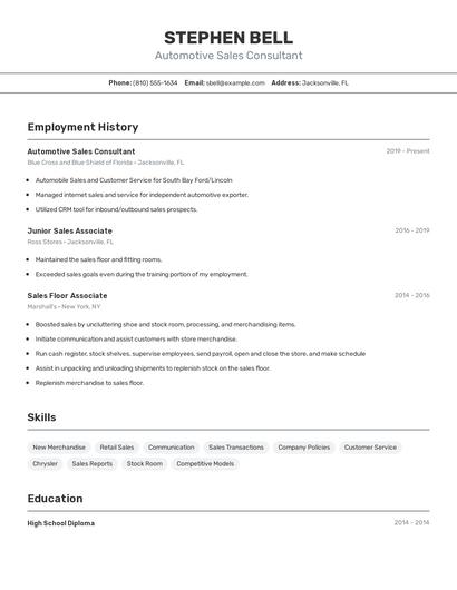 Automotive Sales Consultant Resume