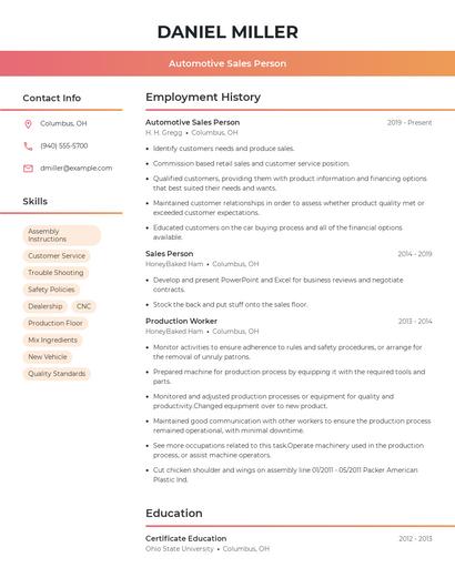 Automotive Sales Person Resume