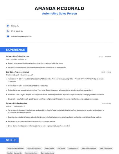 Automotive Sales Person Resume