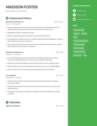 Automotive Sales Person Resume