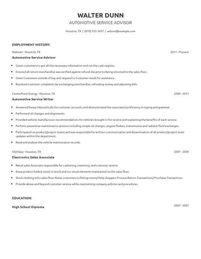Automotive Service Advisor Resume