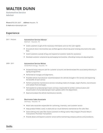 Automotive Service Advisor Resume