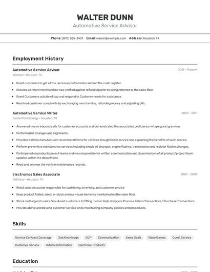 Automotive Service Advisor Resume
