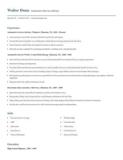 Automotive Service Advisor Resume