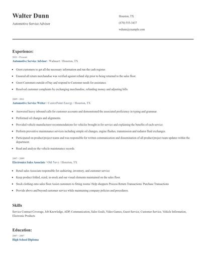 Automotive Service Advisor Resume