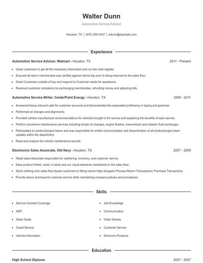 Automotive Service Advisor Resume