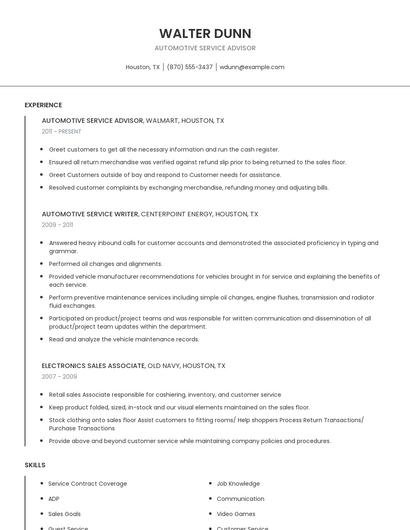 Automotive Service Advisor Resume