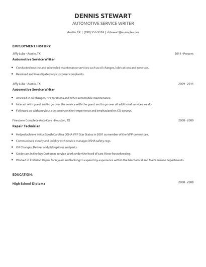 Automotive Service Writer Resume