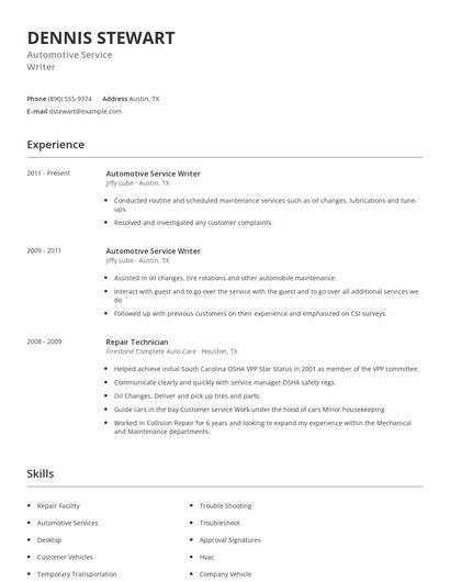 Automotive Service Writer Resume