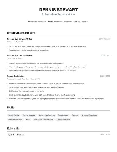 Automotive Service Writer Resume