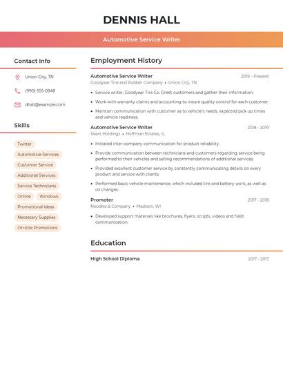 Automotive Service Writer Resume