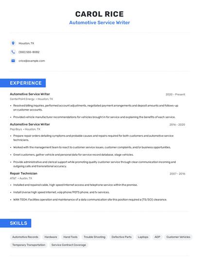 Automotive Service Writer Resume