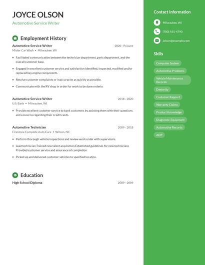 Automotive Service Writer Resume