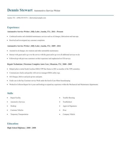 Automotive Service Writer Resume