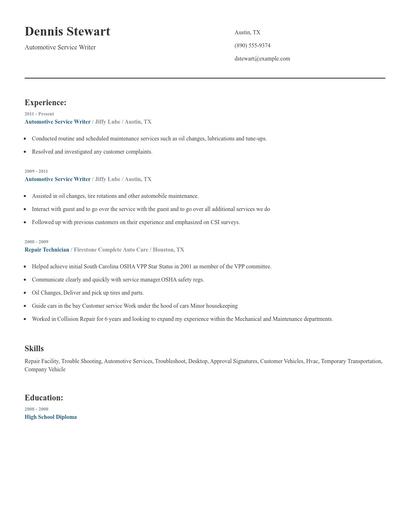 Automotive Service Writer Resume
