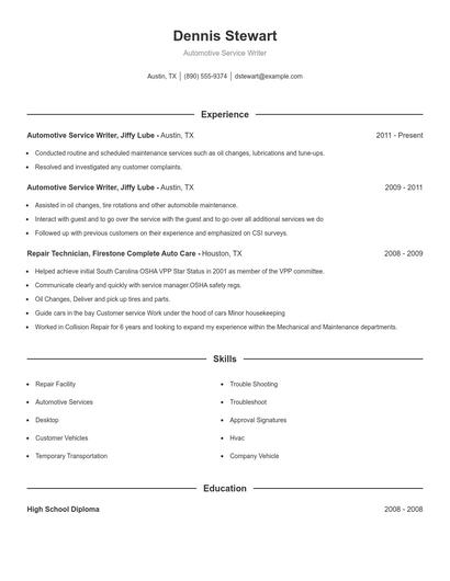 Automotive Service Writer Resume