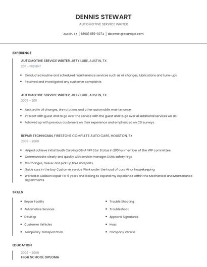 Automotive Service Writer Resume