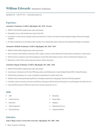 Automotive Technician Resume